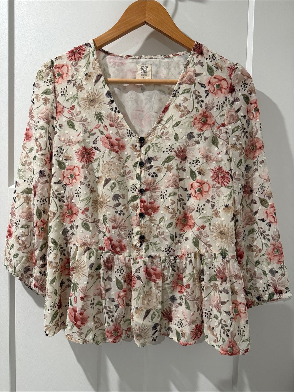Good Hart by Matilda Jane Ziker Floral Swiss Dot Button-Front Peplum Blouse